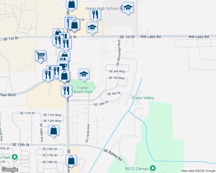 map of restaurants, bars, coffee shops, grocery stores, and more near 807 Southeast 197th Avenue in Camas