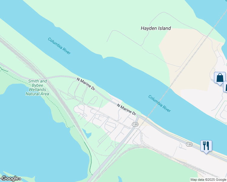 map of restaurants, bars, coffee shops, grocery stores, and more near 3939 North Marine Drive in Portland