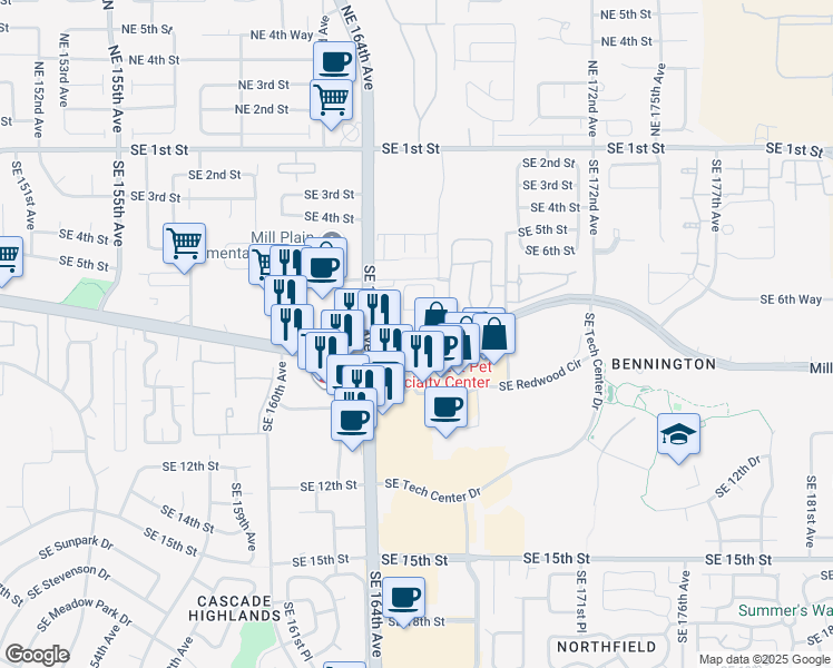map of restaurants, bars, coffee shops, grocery stores, and more near 16516 Southeast Mill Plain Boulevard in Vancouver