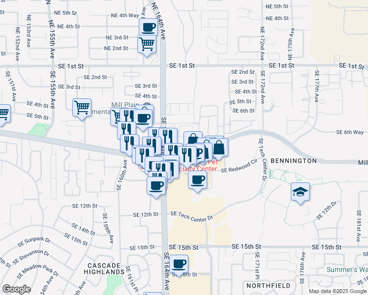 map of restaurants, bars, coffee shops, grocery stores, and more near 16516 Southeast Mill Plain Boulevard in Vancouver