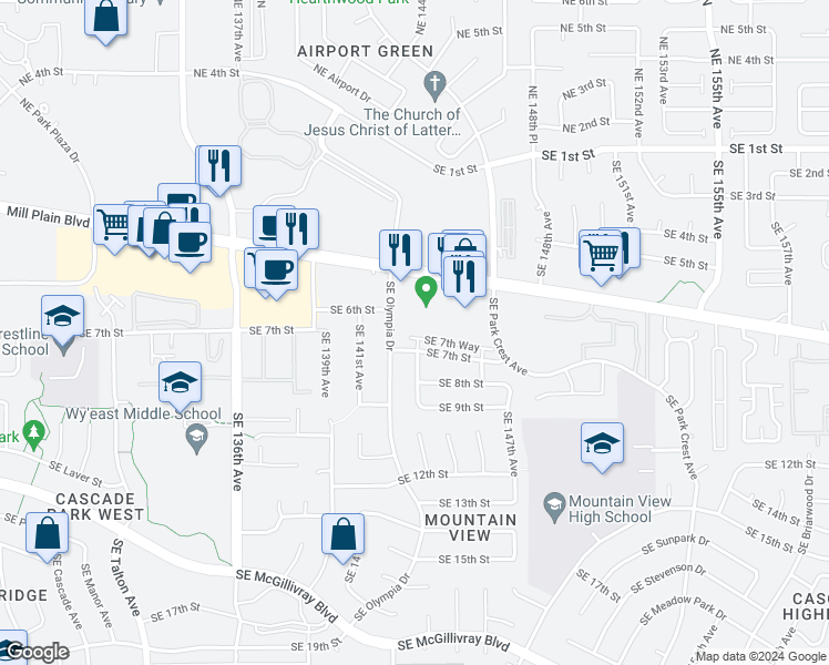 map of restaurants, bars, coffee shops, grocery stores, and more near 14216 Southeast 7th Way in Vancouver