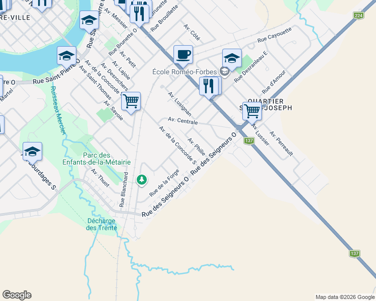 map of restaurants, bars, coffee shops, grocery stores, and more near 1120 Rue Bolduc in Saint-Hyacinthe