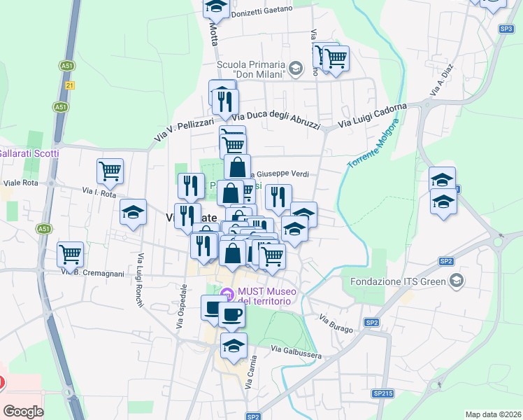 map of restaurants, bars, coffee shops, grocery stores, and more near 40A Via Mazzini Giuseppe in Vimercate