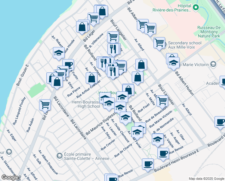 map of restaurants, bars, coffee shops, grocery stores, and more near 12000 Boulevard Rolland in Montréal