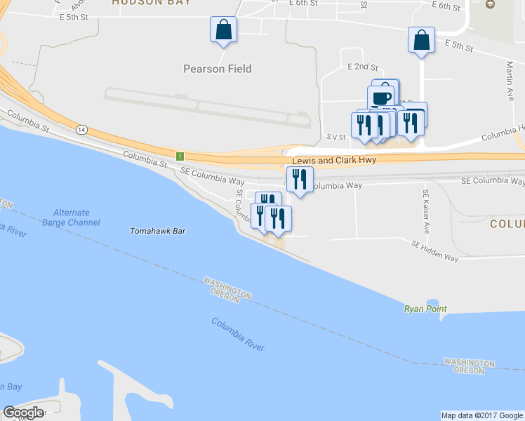 map of restaurants, bars, coffee shops, grocery stores, and more near 1728 Southeast Halyard Lane in Vancouver