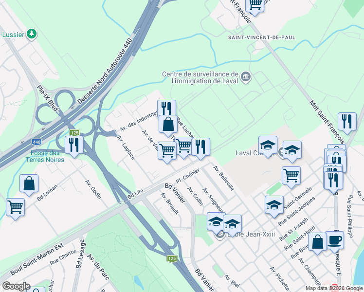 map of restaurants, bars, coffee shops, grocery stores, and more near 1225 Rue Tellier in Laval