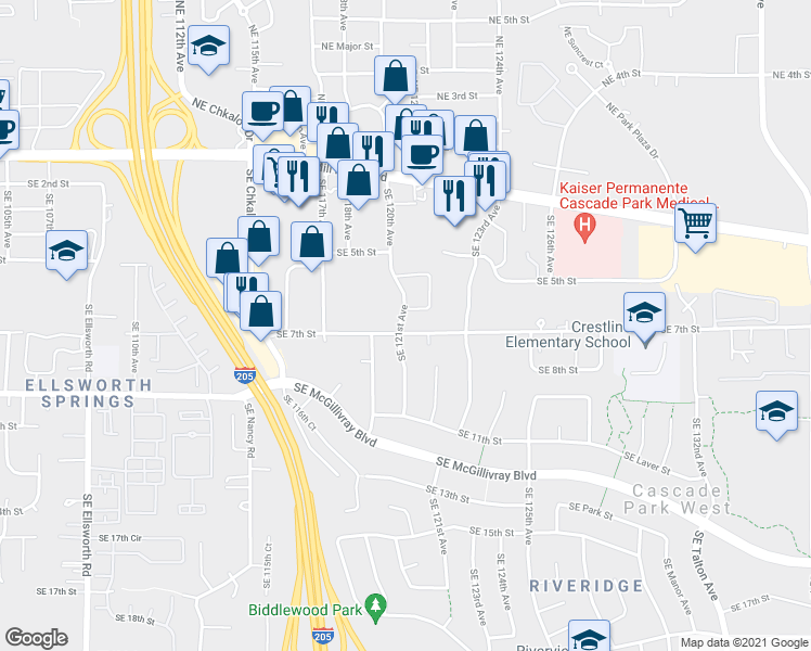 map of restaurants, bars, coffee shops, grocery stores, and more near 621 Southeast 121st Avenue in Vancouver