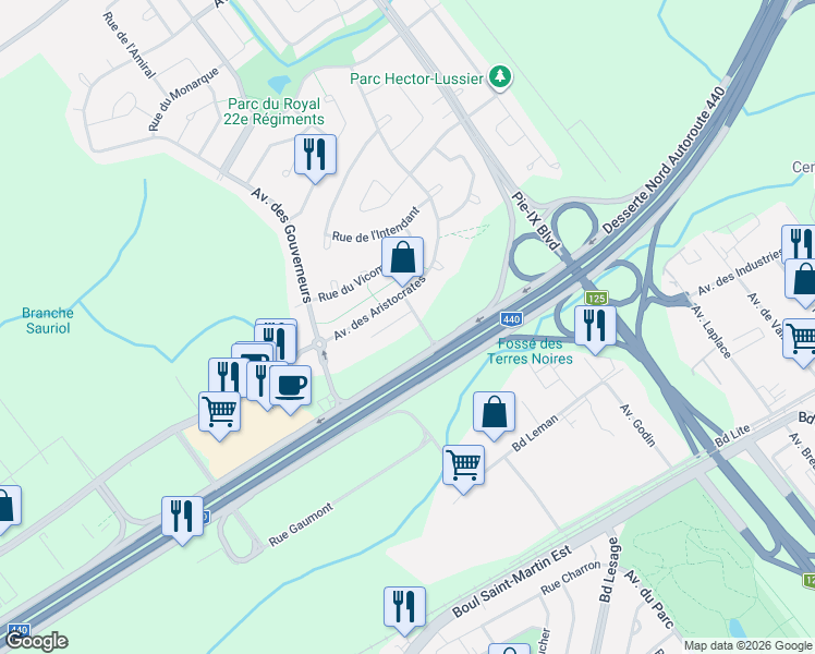 map of restaurants, bars, coffee shops, grocery stores, and more near 3060 Rue de la Comtesse in Laval