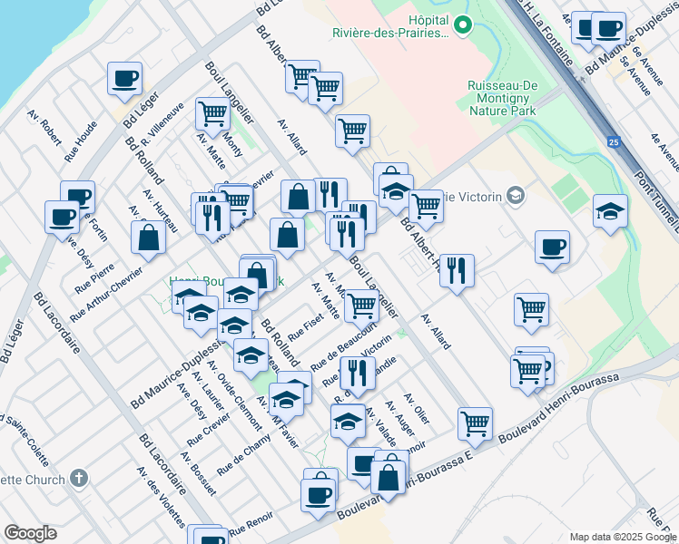 map of restaurants, bars, coffee shops, grocery stores, and more near 6481 Rue Bonneville in Montréal