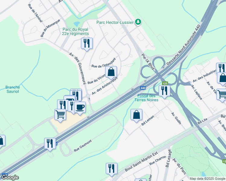 map of restaurants, bars, coffee shops, grocery stores, and more near 3060 Rue de la Comtesse in Laval