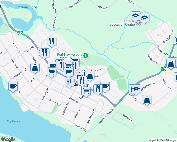 map of restaurants, bars, coffee shops, grocery stores, and more near 5 Summit Drive in Port Hawkesbury