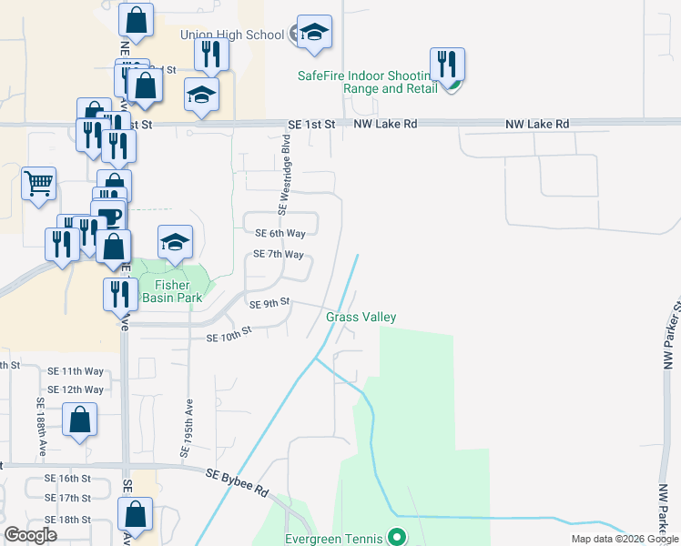 map of restaurants, bars, coffee shops, grocery stores, and more near 711 Southeast 201st Avenue in Camas