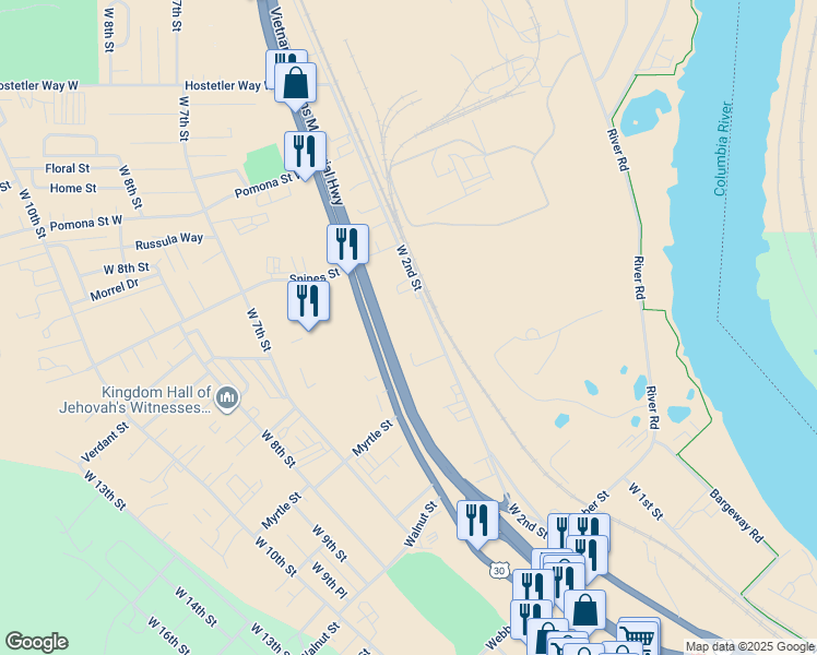 map of restaurants, bars, coffee shops, grocery stores, and more near 2510 West 2nd Street in The Dalles