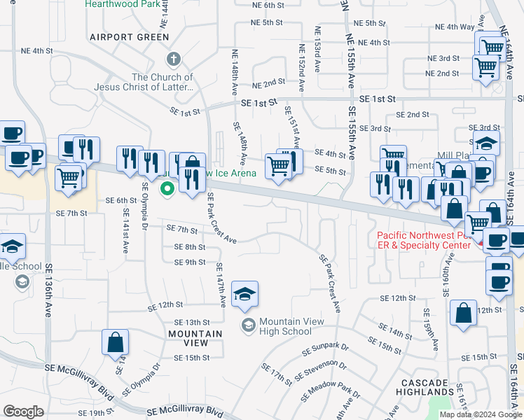 map of restaurants, bars, coffee shops, grocery stores, and more near 14913 Southeast Mill Plain Boulevard in Vancouver