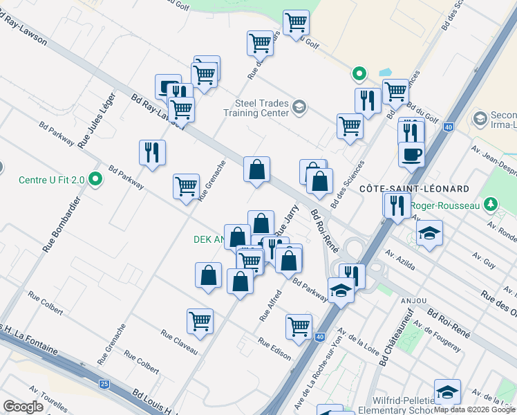 map of restaurants, bars, coffee shops, grocery stores, and more near 8600 Place d'Upton in Montréal