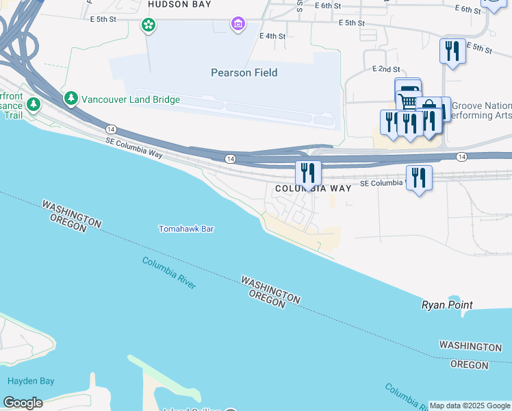 map of restaurants, bars, coffee shops, grocery stores, and more near 1469 Southeast Columbia Way in Vancouver