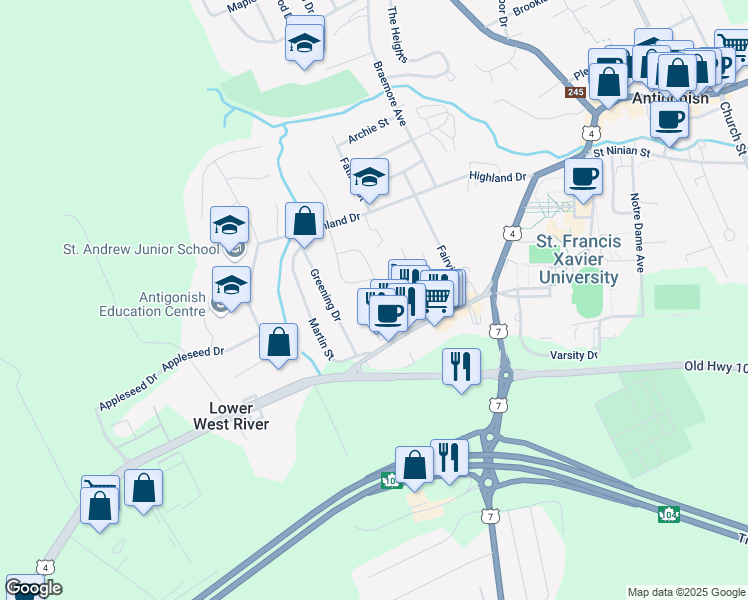 map of restaurants, bars, coffee shops, grocery stores, and more near 28 Gillis Way in Antigonish