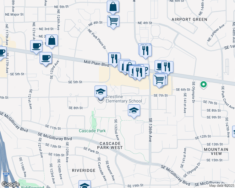 map of restaurants, bars, coffee shops, grocery stores, and more near 627 Southeast 132nd Avenue in Vancouver