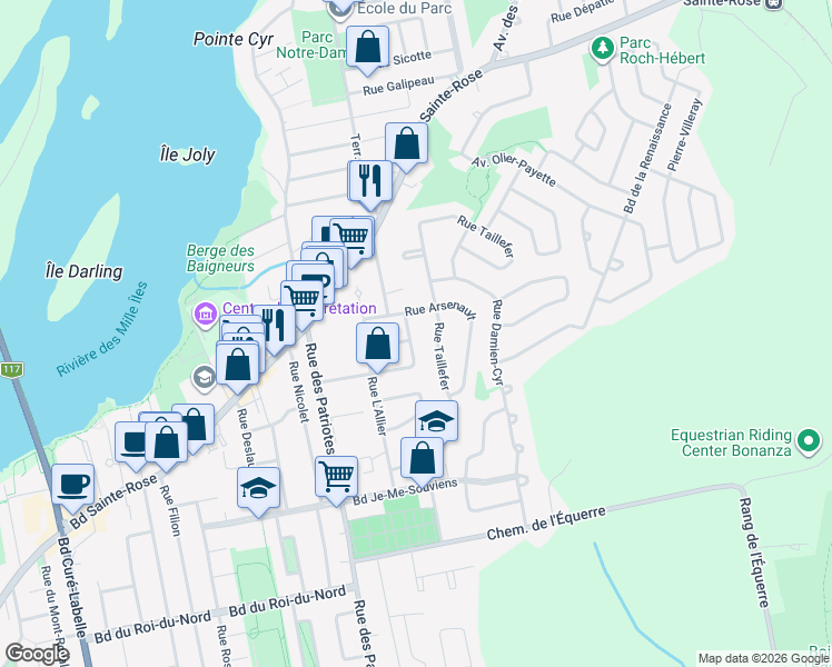 map of restaurants, bars, coffee shops, grocery stores, and more near 50 Rue Nadon in Laval