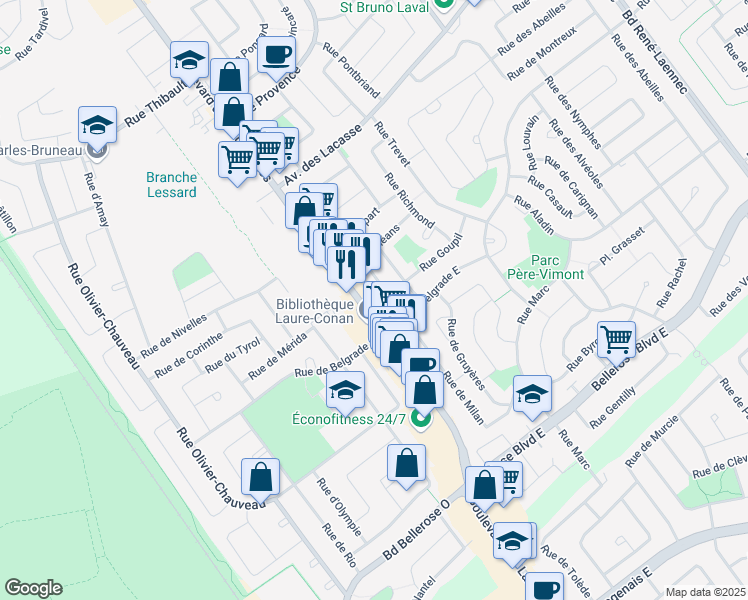 map of restaurants, bars, coffee shops, grocery stores, and more near 4707 Boulevard des Laurentides in Laval