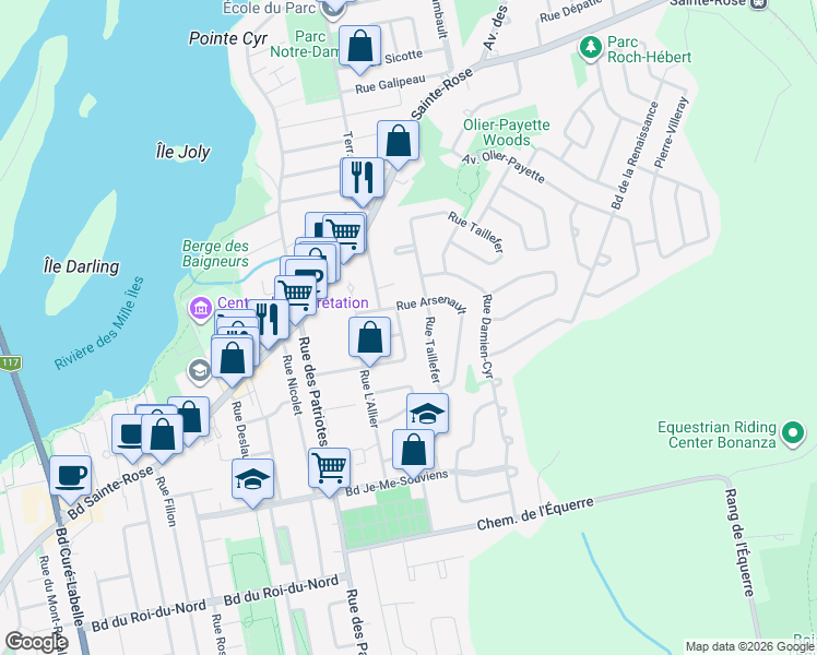 map of restaurants, bars, coffee shops, grocery stores, and more near 50 Rue Nadon in Laval