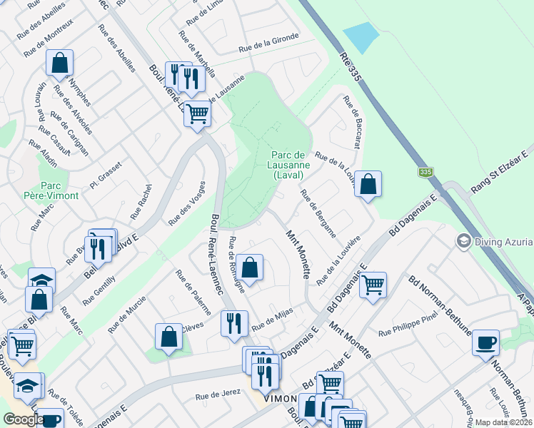 map of restaurants, bars, coffee shops, grocery stores, and more near 2180 Montée Monette in Laval