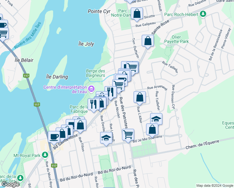 map of restaurants, bars, coffee shops, grocery stores, and more near 151 Boulevard Sainte-Rose in Laval