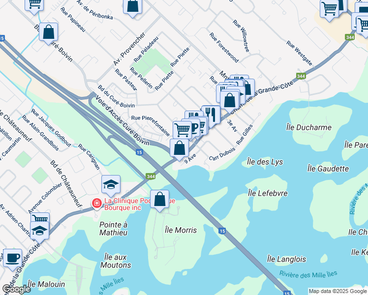 map of restaurants, bars, coffee shops, grocery stores, and more near in Boisbriand