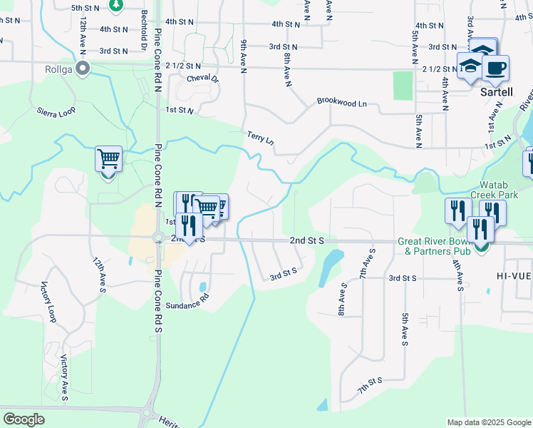 map of restaurants, bars, coffee shops, grocery stores, and more near 818 Sartell Lane in Sartell