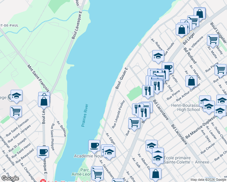 map of restaurants, bars, coffee shops, grocery stores, and more near Boulevard Gouin Est in Montréal