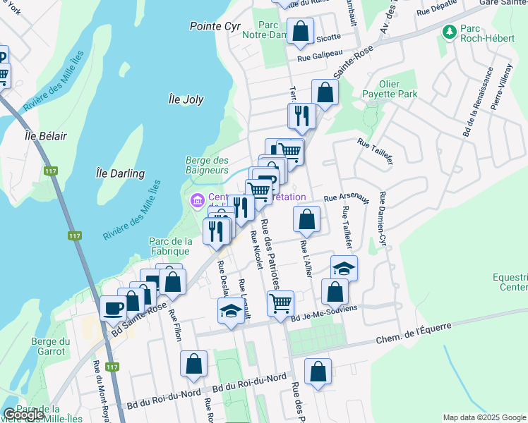 map of restaurants, bars, coffee shops, grocery stores, and more near 1000 Rue des Patriotes in Laval