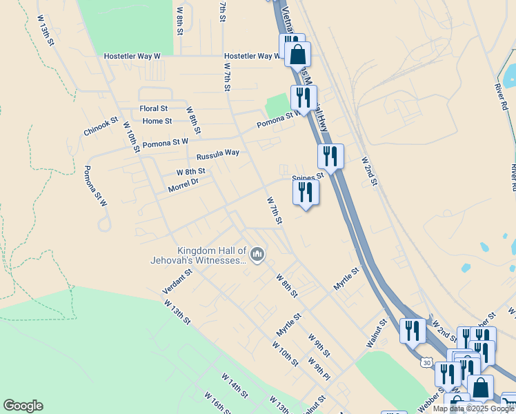 map of restaurants, bars, coffee shops, grocery stores, and more near 2700 West 7th Street in The Dalles