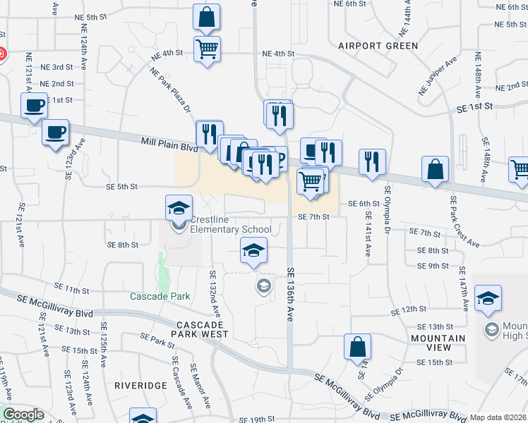 map of restaurants, bars, coffee shops, grocery stores, and more near 13500 Southeast 7th Street in Vancouver