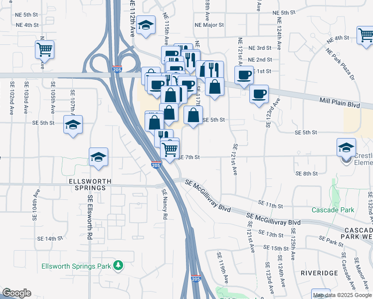 map of restaurants, bars, coffee shops, grocery stores, and more near 619 Southeast 116th Avenue in Vancouver