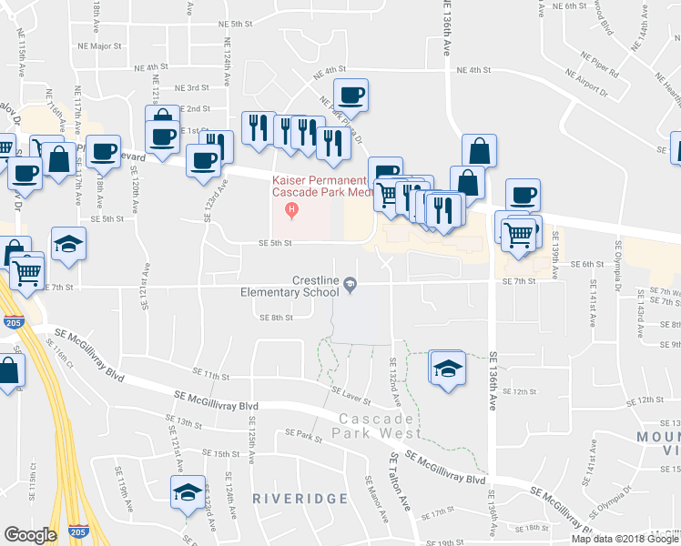 map of restaurants, bars, coffee shops, grocery stores, and more near 619 Southeast 130th Court in Vancouver