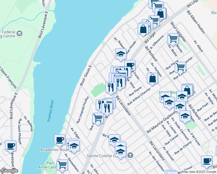 map of restaurants, bars, coffee shops, grocery stores, and more near 12576 Boulevard Lacordaire in Montréal