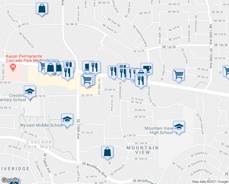 map of restaurants, bars, coffee shops, grocery stores, and more near 609 Southeast 141st Avenue in Vancouver
