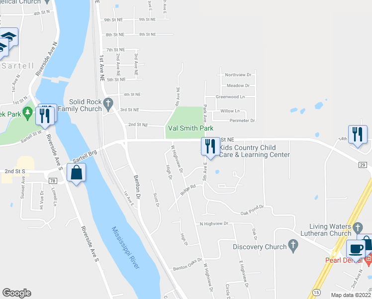 map of restaurants, bars, coffee shops, grocery stores, and more near 412 1st Street Northeast in Sartell