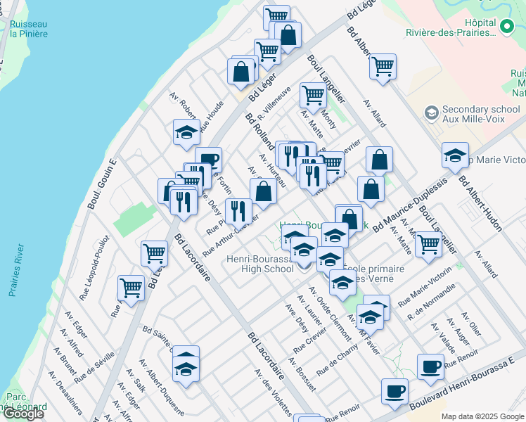 map of restaurants, bars, coffee shops, grocery stores, and more near 5992 Rue Arthur Chevrier in Montréal