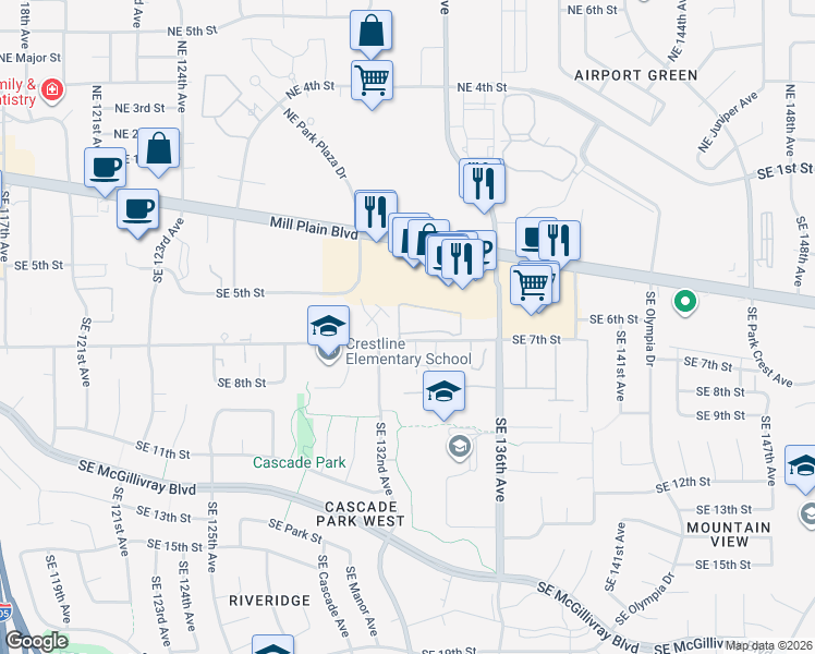 map of restaurants, bars, coffee shops, grocery stores, and more near 13210 Southeast 7th Street in Vancouver