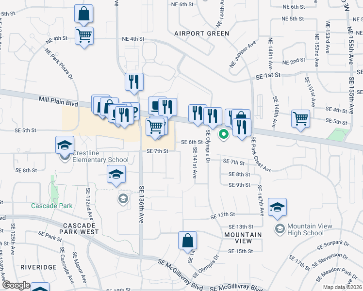 map of restaurants, bars, coffee shops, grocery stores, and more near 701 Southeast 139th Avenue in Vancouver