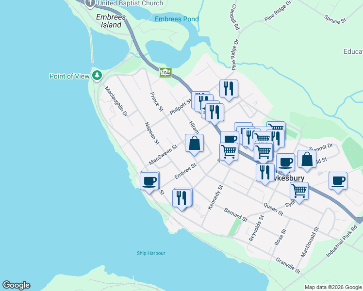 map of restaurants, bars, coffee shops, grocery stores, and more near 303 Prince Street in Port Hawkesbury