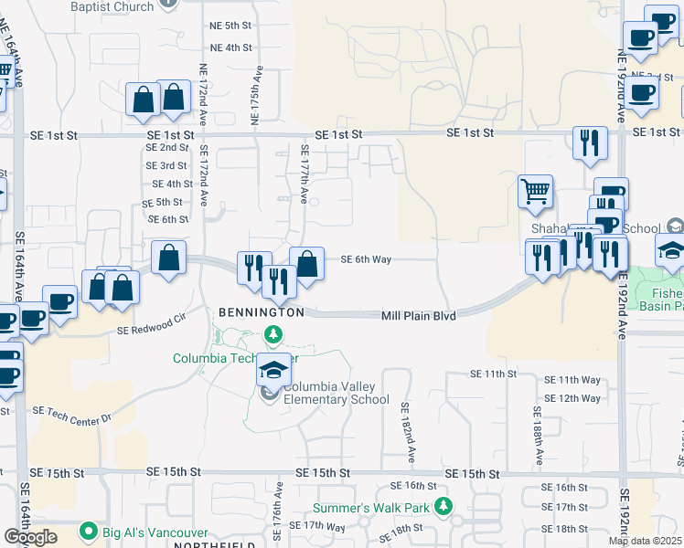 map of restaurants, bars, coffee shops, grocery stores, and more near 17801 Southeast 6th Way in Vancouver