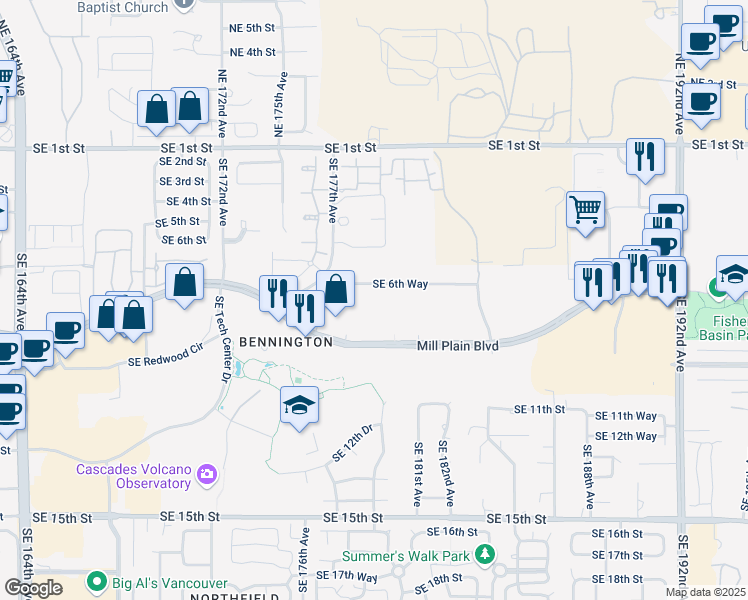 map of restaurants, bars, coffee shops, grocery stores, and more near 17801 Southeast 6th Way in Vancouver