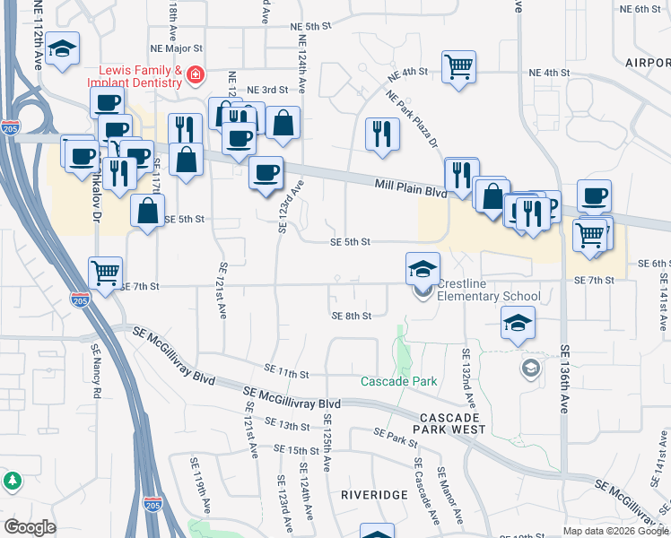 map of restaurants, bars, coffee shops, grocery stores, and more near 12514 Southeast 7th Street in Vancouver