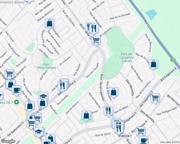 map of restaurants, bars, coffee shops, grocery stores, and more near 323 Rue des Vosges in Laval