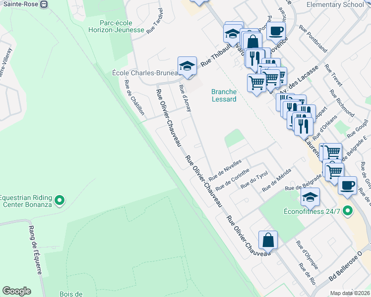 map of restaurants, bars, coffee shops, grocery stores, and more near 389 Rue Olivier-Chauveau in Laval