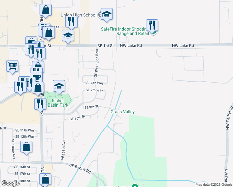 map of restaurants, bars, coffee shops, grocery stores, and more near 711 Southeast 201st Avenue in Camas