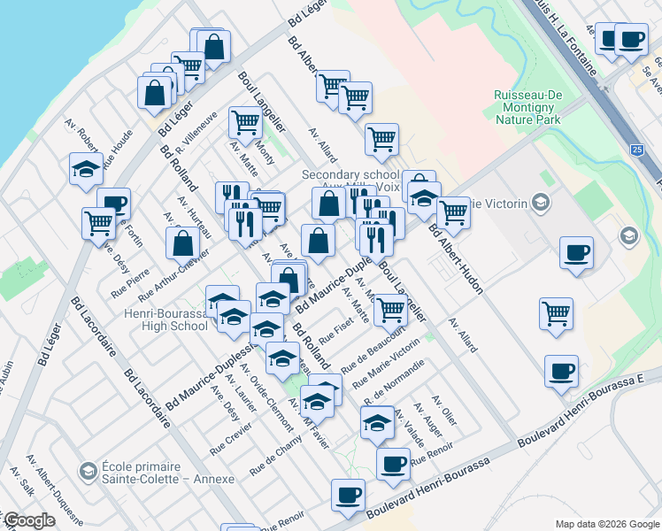 map of restaurants, bars, coffee shops, grocery stores, and more near 11953 Avenue Matte in Montrã©Al