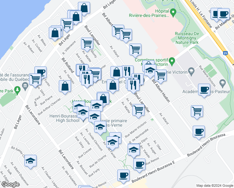 map of restaurants, bars, coffee shops, grocery stores, and more near 11953 Avenue Matte in Montrã©Al